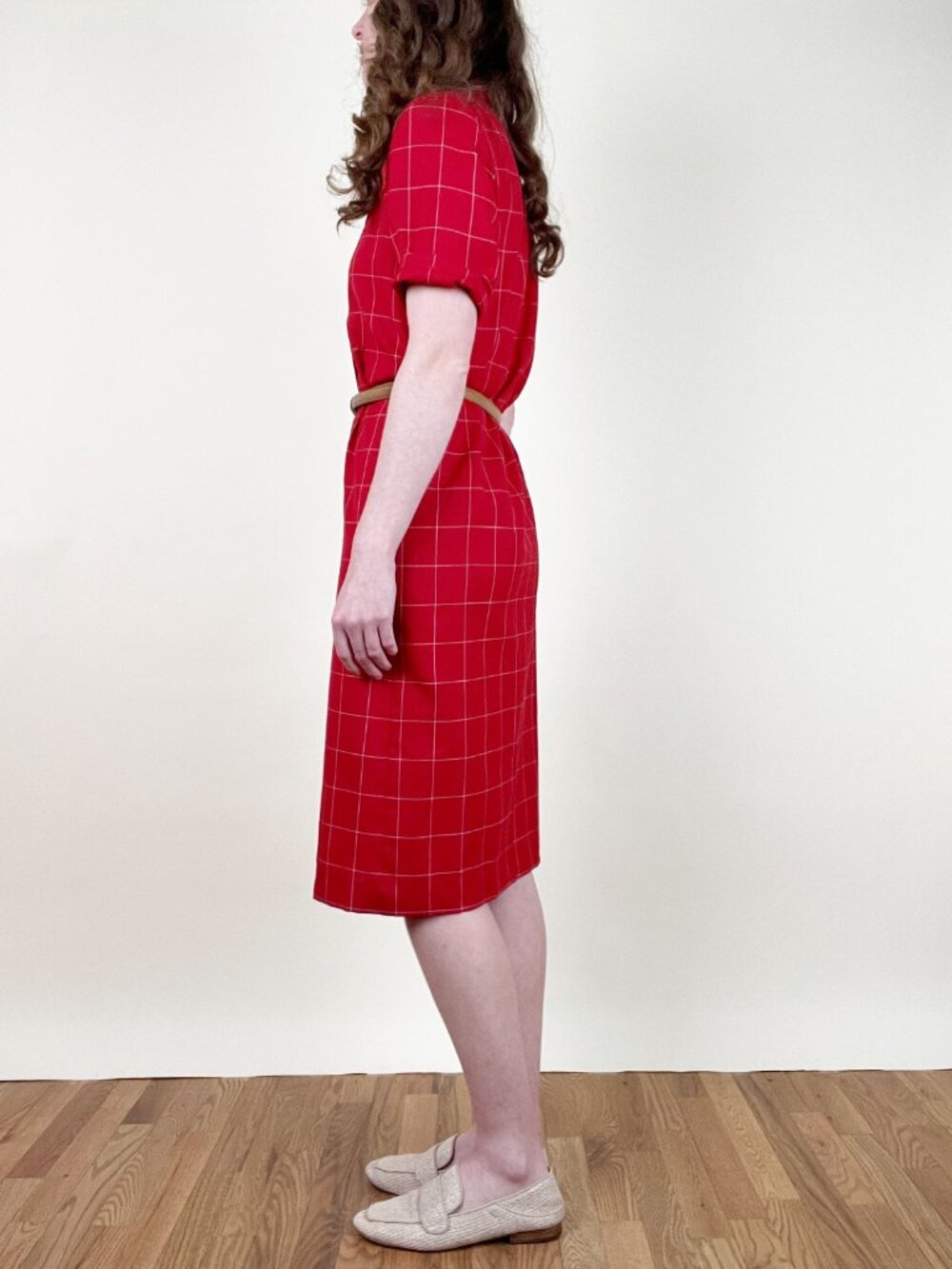 Vintage 90s French Midi Dress Double Breasted Plaid Check Print Office Work Wear - Picture 4 of 10